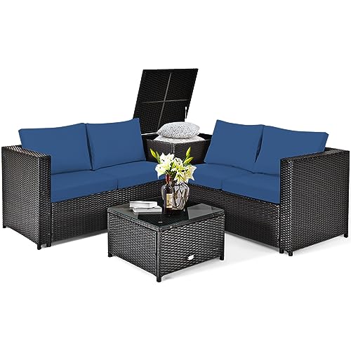 COSTWAY 4PCS Outdoor Patio Rattan Furniture Set Cushioned Loveseat Storage Table Navy