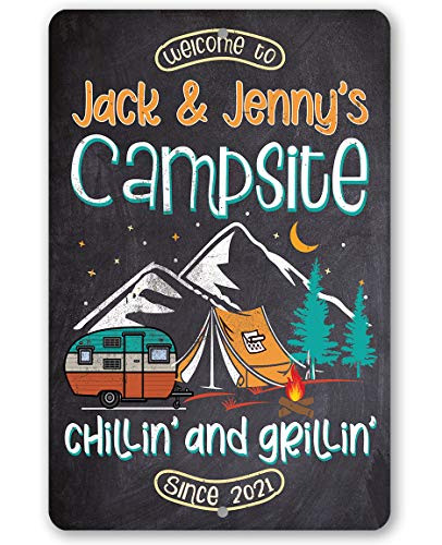 Camping Sign - Personalized - Welcome To Our Campsite - Metal Sign - Use Indoor/Outdoor - Great Funny Camping Signs for Campers, Trailer, RV Decor, and Camping Gifts