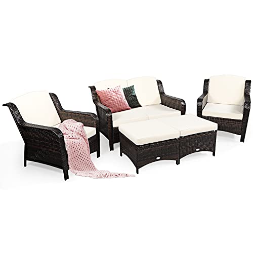 COSTWAY 5PCS Patio Rattan Furniture Set Loveseat Sofa Ottoman Off White Cushion