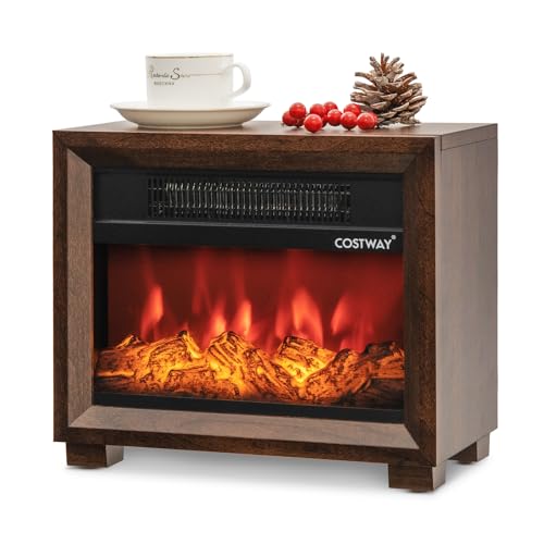 COSTWAY 13 Inch Small Electric Fireplace Heater, Mini Wooden Fireplaces Stove w/Vivid Flame Effect, Overheat Protection, 750W Portable Tabletop Fireplace for Indoor Use, Living Room, Bedroom, Brow