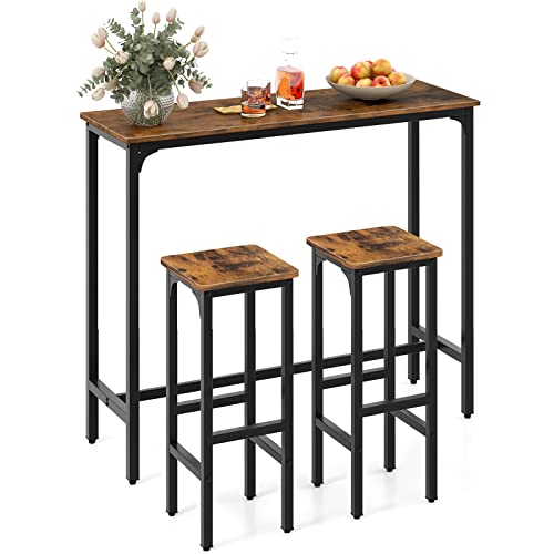 COSTWAY 3-Piece Industrial Bar Table Set for 2, Counter Height Pub Table with 2 Stools, Kitchen Breakfast Table Set with Metal Frame, Dining Table Set for Home Restaurant, Rustic Brown