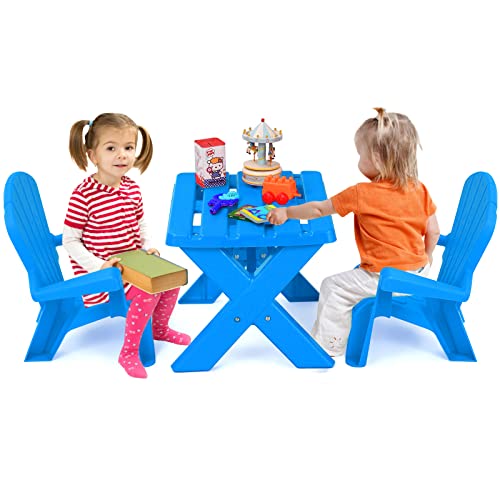 COSTWAY Kids Outdoor Table & Chair Set, Toddler Play Table with 2 Adirondack Chairs, 3 Pcs Kids Backyard Furniture, Stackable Design for Saving Space, for Beach, Garden, Lawn (Blue)