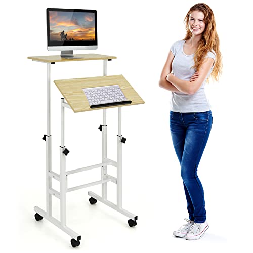 COSTWAY Mobile Standing Desk, Height Adjustable Rolling Laptop Cart w/Tilting Desktop for Standing or Sitting, Lockable Casters, Home Office Computer Workstation for Small Spaces (Natural)