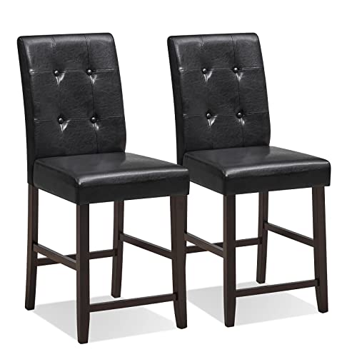 COSTWAY Bar Stools Set of 2, Counter Height Bar Stools with Rubber Wood Legs & Button-Tufted Back, Comfortable Footrest & Padded Seat, for Bar, Kitchen, Dining Room, Black + Brown (2)