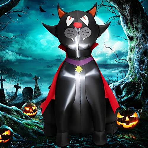 COSTWAY 4.7 FT Halloween Inflatable Vampire Black Cat with Red Cloak Blow-up Decoration