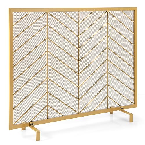 COSTWAY Single Panel Fireplace Screen, 38.5x31-in Handcrafted Wrought Iron Mesh Chevron Fire Spark Guard with Detachable Support Feet, Metal Fame, Fireplace Cover for Living Room, Bedroom DŽcor, Gold