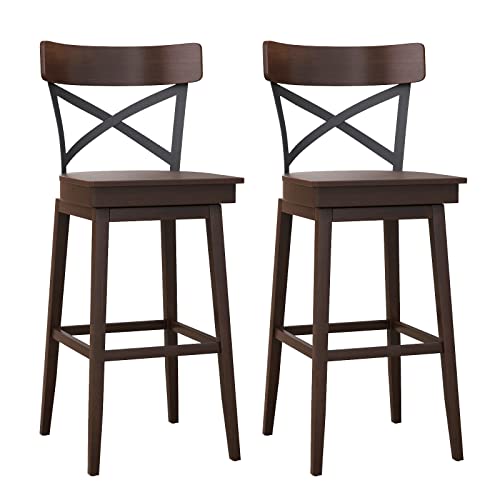 COSTWAY Swivel Bar Stool Set of 2, 29 Inch Ergonomic Counter Height Chairs with Open X Back & Footrest, 2PCS Vintage Wooden Barstools for Kitchen Island, Pub, Bistro, CafŽ, Brown (2, 29 inch)