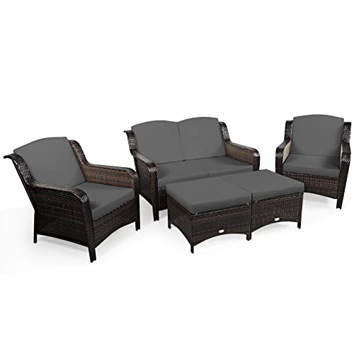 COSTWAY 5PCS Patio Rattan Furniture Set Loveseat Sofa Ottoman W/Grey Cushion