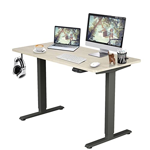 COSTWAY Dual Motor Electric Stand Up Desk, Height Adjustable Standing Desk w/Solid One-Piece Desktop & Memory Controller, Home Office Sit-to-Stand Computer Workstation (Natural+Black, 48''X24'')