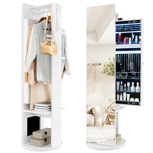 COSTWAY 360° Swivel Mirror Jewelry Cabinet with LED Lights, Standing Full-length Mirror w/Jewelry Storage Organizer, Coat Rack & Rear Shelves, Large Jewelry Armoire for Bedroom Cloakroom, White