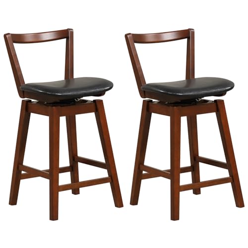 COSTWAY Bar Stool Set of 2, 26Ó Swivel Upholstered PU Leather Stool with Hollow Backrest & Cushioned Seat, Solid Rubber Wood Legs & Footrests, Breakfast, for Kitchen Island, Bar (2, 26 Inch)