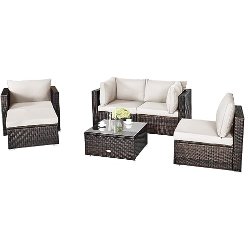 COSTWAY 6PCS Patio Rattan Furniture Set Cushion Sofa Coffee Table Ottoman White