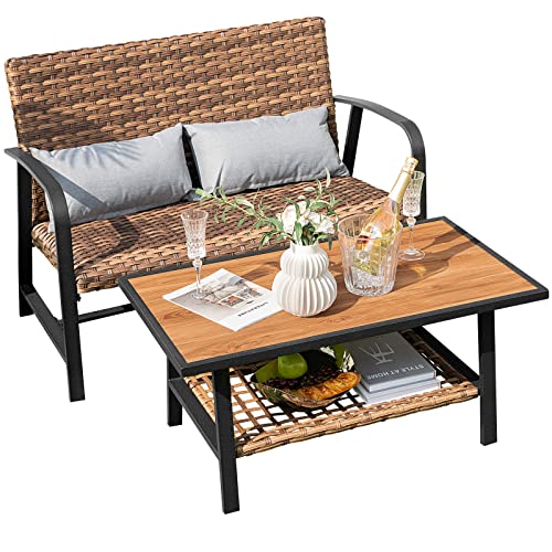 COSTWAY 2 PCS Patio Rattan Loveseat Coffee Table Set Padded Back & Seat Pillow w/Shelf