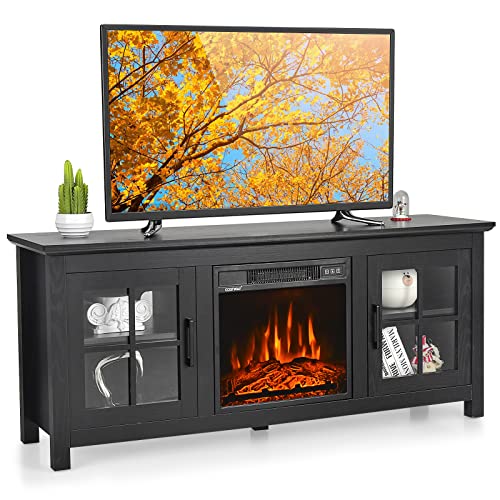 COSTWAY Electric Fireplace TV Stand for TVs up to 65 Inches, TV Console with Remote Control, Adjustable Flame and Shelves, Farmhouse Media Entertainment Center for Living Room Bedroom (Black)