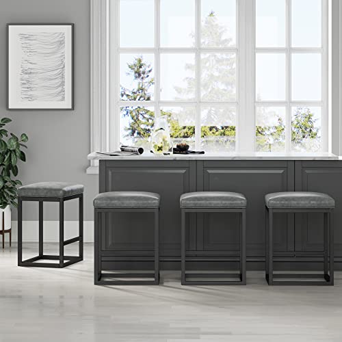 Nathan James Set of 4 Nelson Backless Pub-Height Kitchen Counter Bar Stool with Faux Leather Cushion and Metal Base, 24", Gray/Black