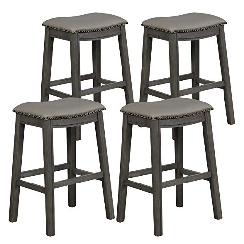 COSTWAY Bar Stools Set of 4, 29-Inch Height Backless Counter Stools with Footrest, Cushioned Seat, Sturdy Rubber Wood Structure, Easy Assembly Saddle Stools for Home Kitchen Living Room, Grey