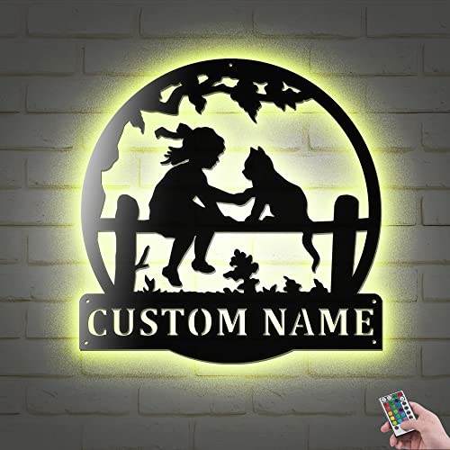 Baby And Cat Personalized Led Lights Metal Wall Art, Custom Baby Name Decoration Hanging for Home, Baby Kids Room, Great Gift for Kitty Lovers (24x24 Inches, Without Lights)