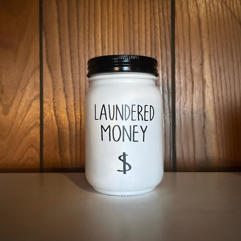 Laundry Room Coin Jar, Rustic Country Farmhouse Style, Glass Mason Jar Decorations, Funny Laundered Money Label, Organization Change Jar (Open Lid)