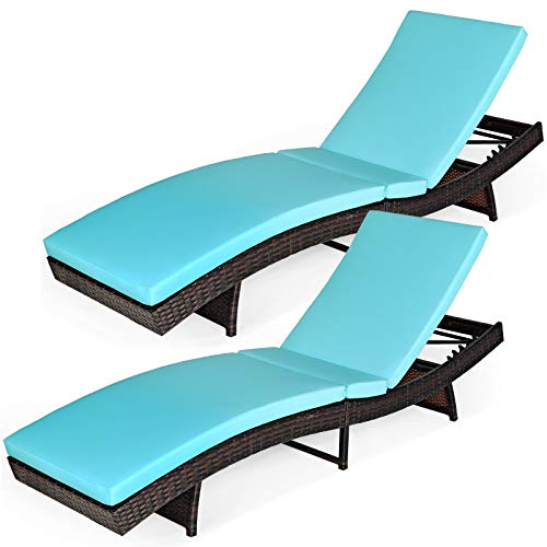 COSTWAY 2PCS Patio Rattan Folding Lounge Chair Adjustable Turquoise Cushion