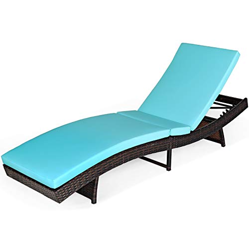 COSTWAY Patio Rattan Folding Lounge Chair Chaise Adjustable W/Turquoise Cushion