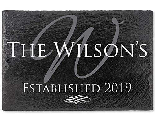 Slate Family Name Plaque - Customized with Name, Year Established, and Initial, Great Home Outdoor Patio Decor, Backyard Decoration Housewarming Gift, Black White