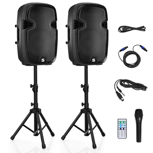 Costway Dual 12 Inch 2-way 2000Watts Powered Speakers with Bluetooth, Mic, Speaker Stands, Control & Cables