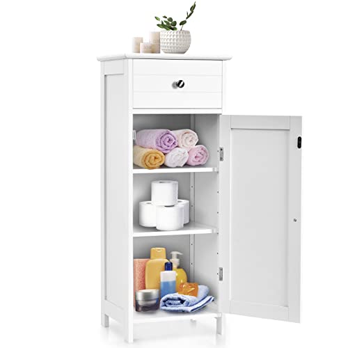 COSTWAY Bathroom Storage Cabinet, Single Door Floor Cabinet with Drawer and 3-Level Adjustable Shelves, Modern Side Storage Organizer with Anti-Tipping Device for Living Room, Bedroom (White)