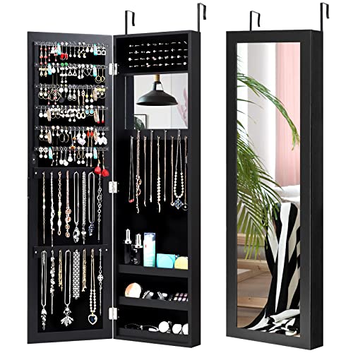 COSTWAY Full Length Mirror Jewelry Cabinet, Wall Door Mounted Jewelry Organizer w/Makeup Mirror, Ring Slots & Necklace Hooks, Large Storage Jewelry Armoire for Bedroom, Dressing Room (Black)