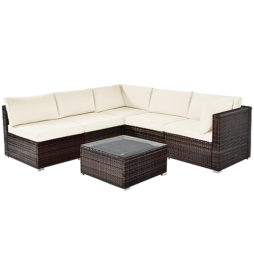 COSTWAY 6PCS Patio Rattan Furniture Set Cushioned Coffee Table Garden White