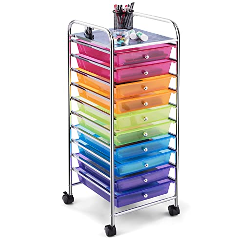 COSTWAY 10-Drawer Rolling Storage Cart, Utility Mobile Trolley with Removable Drawers & Universal Casters & 2 Brakes, Versatile Flexible Drawer Organizer Cart for Home, Office (Rainbow)