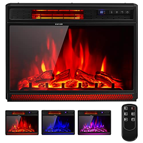 COSTWAY Electric Fireplace Insert 25-Inch Wide, 900/1350W Recessed and Freestanding Heater with Remote Control, 3 Flame Colors, 4 Brightness, Adjustable Temperature, Electric Fireplace for Indoor Use