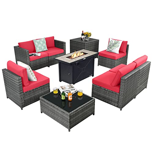 COSTWAY 9 PCS Patio Rattan Furniture Set Fire Pit Table Storage Red W/Cover