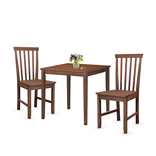 COSTWAY 3-Piece Kitchen Table Dining Set, Square Table & 2 Classic Chairs, Solid Rubber Wood Legs, Wide Table Top, Contemporary Design, Natural Texture, Smooth Walnut Finish, Easy Assembly