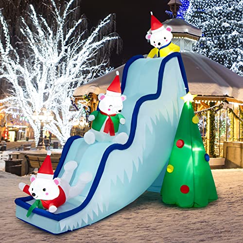 COSTWAY 9 FT Inflatable Polar Bear Slide Scene Decoration, Blowup Christmas Decoration