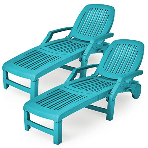 COSTWAY 2 PCS Lounge Chair Chaise Adjustable Recliner Resistant Turquoise