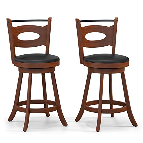 COSTWAY Bar Stools Set of 2, 24Ó Swivel Counter Height Bar Stools with Curved Backrest & Round Seat Cushions, Extra Footrests & Anti-Slip Foot Pads, for Kitchen Islands, Brown (2, 24 inch)