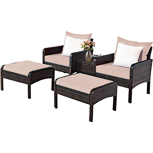 COSTWAY 5 PCS Patio Rattan Wicker Furniture Set Sofa Ottoman Coffee Table Cushioned