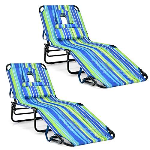 COSTWAY 2 PCS Beach Chaise Lounge Chair w/Face Hole Pillows & 5-Position Adjustable Backrest Blue & Green