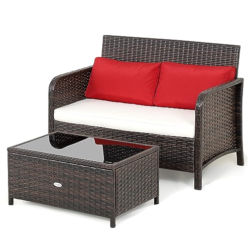 COSTWAY 2PCS Patio Rattan Wicker Love-seat Coffee Table Set Cushioned Bench Garden Deck