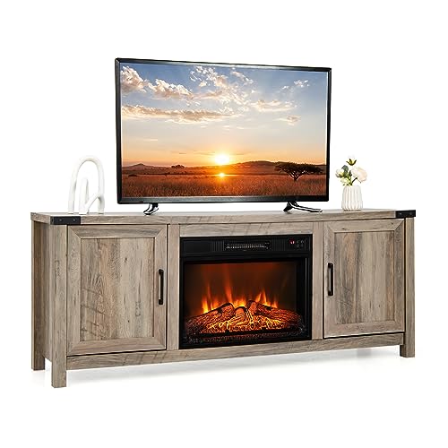 COSTWAY Electric Fireplace TV Stand for TVs up to 70 Inches, Farmhouse Media Entertainment Center Table with Storage Cabinets, Electric Fireplace TV Console with Remote Control for Living Room Bedroom