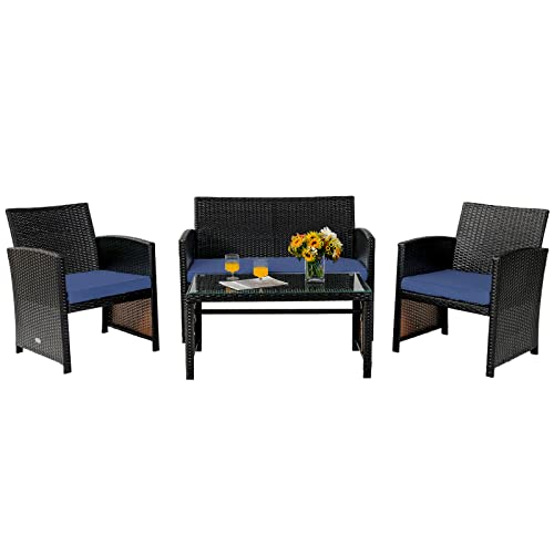 COSTWAY 4PCS Patio Rattan Furniture Set Cushioned Chair Sofa Coffee Table Navy