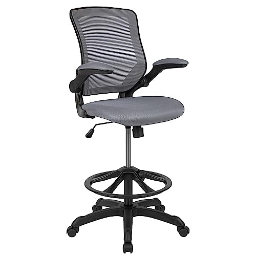 Flash Furniture Kale Mid-Back Dark Gray Mesh Ergonomic Drafting Chair | Adjustable Foot Ring, Flip-Up Arms