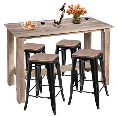 COSTWAY 5 Pcs Dining Table Set, Industrial Counter Height Dining Set with Wooden Table and 4 Metal Backless Barstools, Modern Kitchen Table and Chairs Set for Patio Bistro Restaurant Cafe