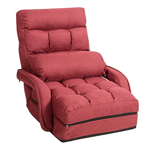 COSTWAY Adjustable Floor Chair, Folding Lazy Sofa Chair with 5 Positions, Detachable Seat Cushion, Indoor Chaise Lounge Sofa Bed for Living Room, Bedroom, Office (Red)