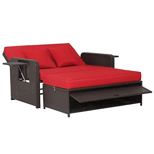 COSTWAY Patio Rattan Loveseat Set Daybed Lounge Storage Ottoman Side Tables Adjust Red