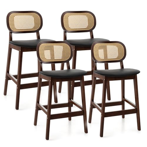 COSTWAY Bar Stool Set of 4, 25 Inch Wood Counter Height Chairs with PE Rattan Backrest, Padded Seat & Footrest, Elegant Kitchen Island Stool for Home, Pub & Restaurant (4)