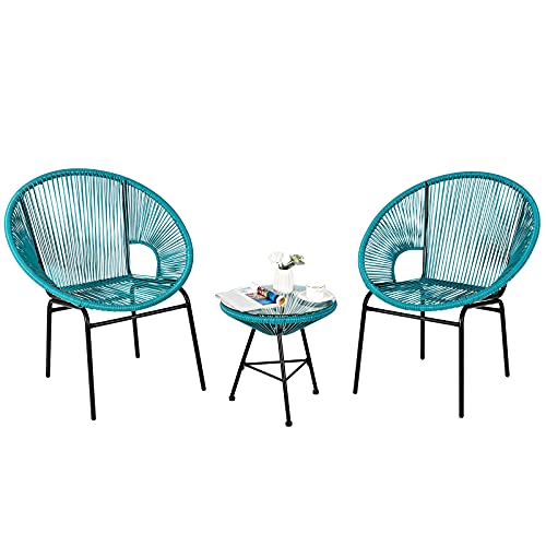 COSTWAY 3PCS Patio Acapulco Furniture Bistro Set Plastic Rope Glass Table