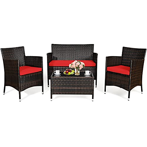 COSTWAY 4PCS Rattan Patio Furniture Set Cushioned Sofa Chair Coffee Table Red