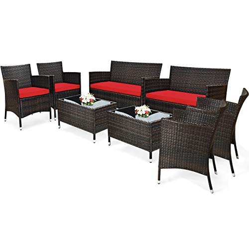 COSTWAY 8PCS Rattan Patio Furniture Set Cushioned Sofa Chair Coffee Table Red