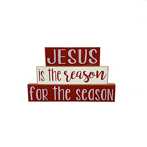 Jesus is the Reason for the Season Christmas Decor Sign - Christian Holiday Decoration - Wooden Red White Shelf Sitter